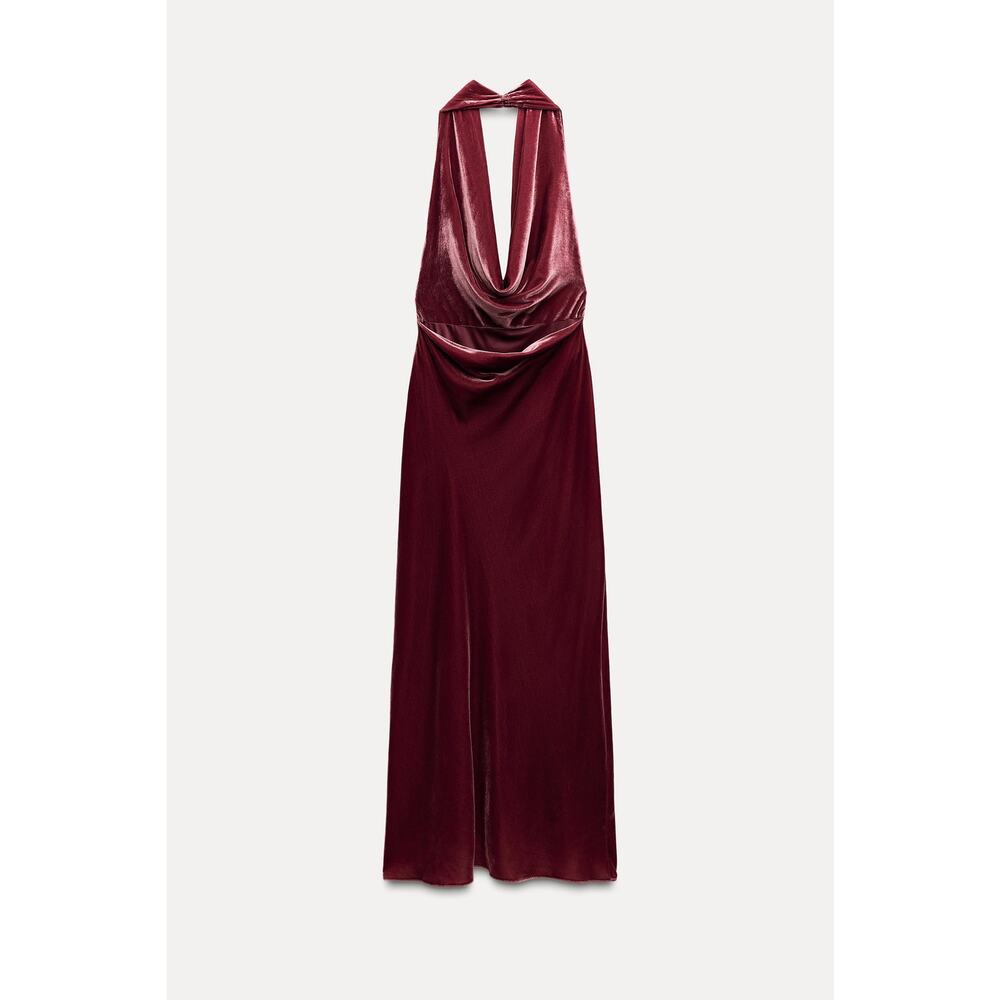 Zara NWT Raspberry Velvet Halter Open Back Maxi Dress M - Picture 16 of 16